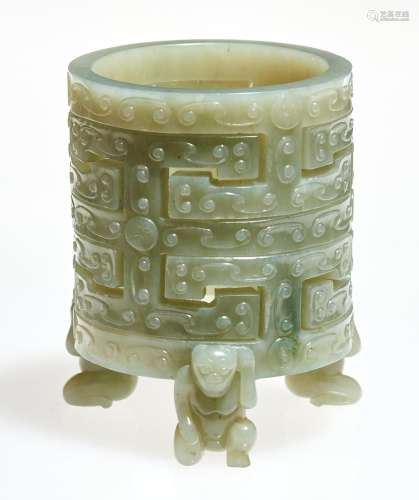 A Chinese Carved Celadon Jade Interlocking Brush Pot Height ...