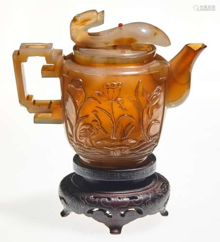 A Chinese Carved Agate Wine Pot Height 3 3/4 "