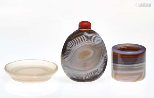 Three Chinese Carved Agate Articles Height of bottle 2 "...
