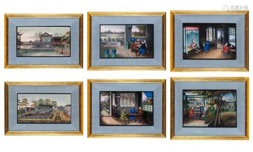 Six China Trade Paintings Sight w of largest 11 "