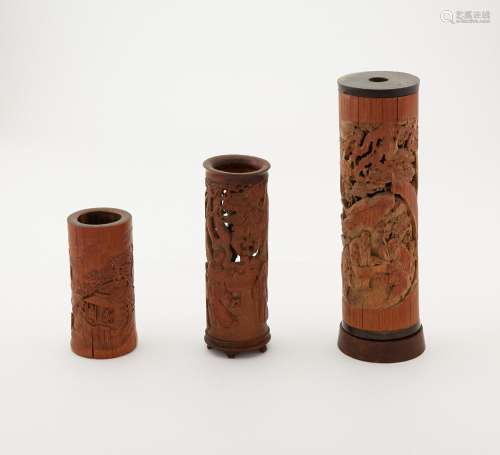 Three Chinese Carved Bamboo Incense Holders Height of larges...