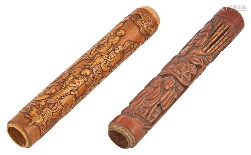 Two Chinese Carved Bamboo Joss Stick Holders Length 4 "