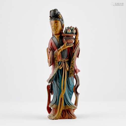 An Unusual Chinese Laquered Soapstone Figure of a Meiren Hei...