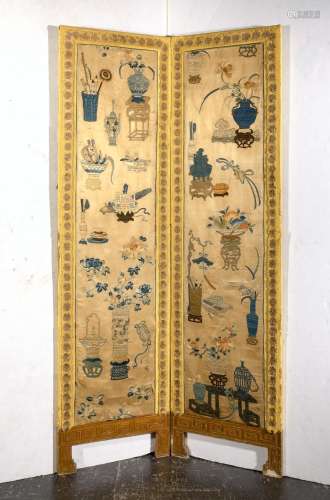 A Chinese Embroidered Silk Floor Screen Height 76 "
