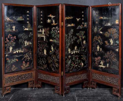 A Chinese Hardstone-Inset Lacquered Four-Fold Floor Screen H...