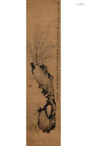 A Chinese School Painting of Rockwork and Flowering Plant Si...
