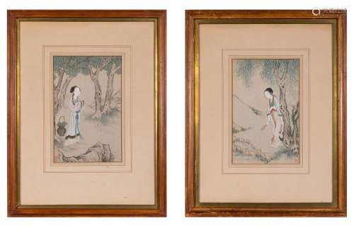 A Pair of Chinese School Paintings of Meiren Sight Height 12...