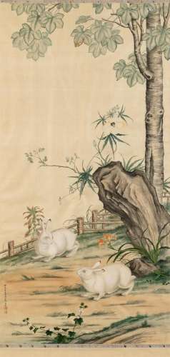 A Chinese School Painting of Rabbits by Ma Jin (1900-1970) S...