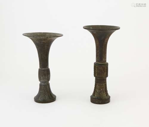 Two Chinese Bronze Gu Vases Height of largest 10 1/4 "