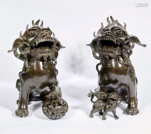 A Large Pair of Chinese Cast Bronze Fu Lions Height 19 "...