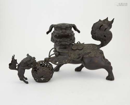 A Chinese Bronze Fu Lion Grouping Length 18 "