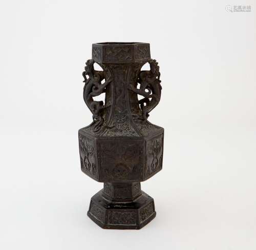 A Chinese Bronze Hexagonal Vase Height 9 "