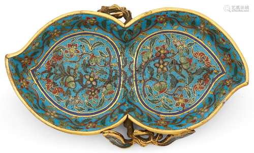 A Chinese Cloisonne Enamel and Gilt Bronze Double Peach Dish...