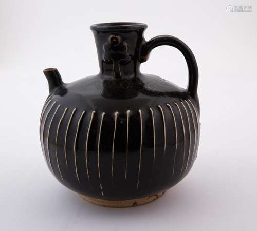 A Chinese Cizhou Black Glazed Ribbed Ewer Height 6 1/4 "...