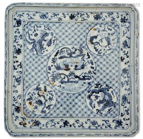 A Rare Chinese Blue and White Porcelain Square Tray Diameter...