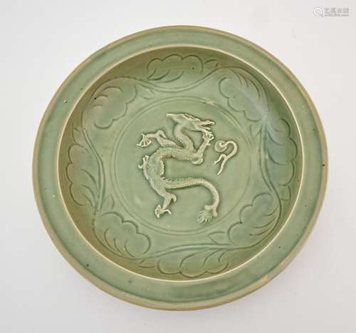 A Chinese Carved Longquan Celadon Charger Diameter 17 "