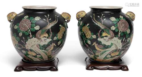 A Pair of Chinese Famille Noir Porcelain Jars Height 8 1/2 &...