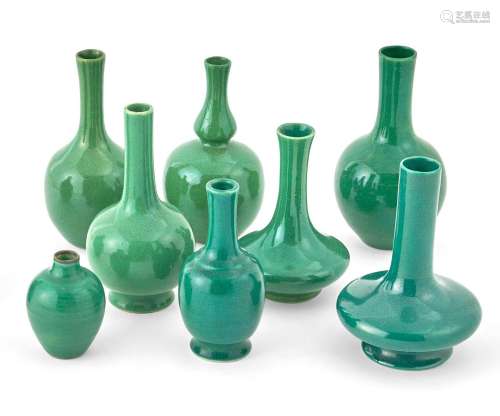A Group of Eight Chinese Green Monochrome Porcelain Vases He...