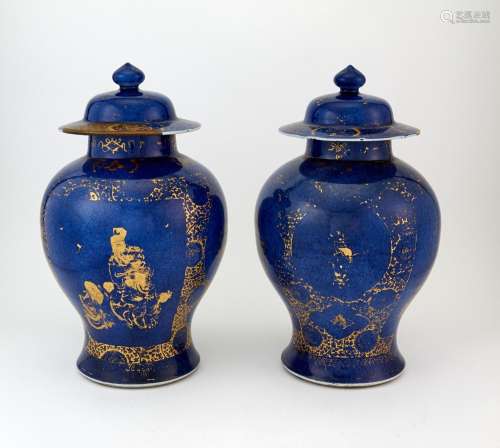A Pair of Chinese Gilt Decorated Powder Blue Porcelain Balus...