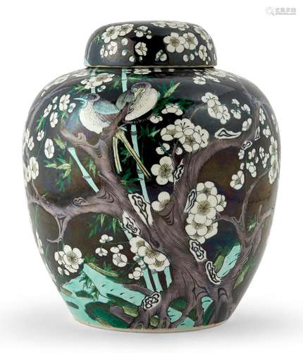 A Chinese Famille Noir Porcelain Jar and Cover Height 9 3/4 ...