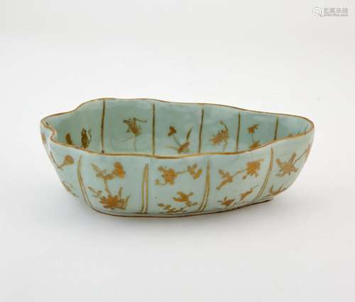 A Chinese Gilt Decorated Celadon Porcelain Bowl Length 9 3/4...