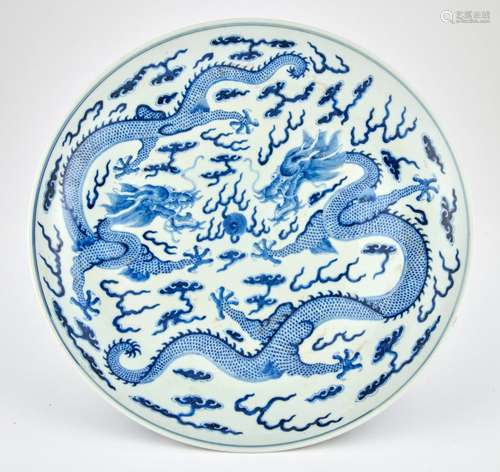 A Chinese Blue and White Porcelain Dragon Dish Diameter 13 3...