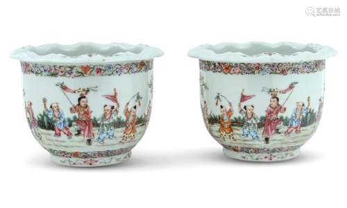 A Pair of Chinese Enameled Porcelain Planters Height 5 1/4 &...