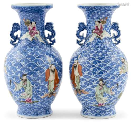 A Pair of Chinese Famille Rose Enameled Blue and White Porce...