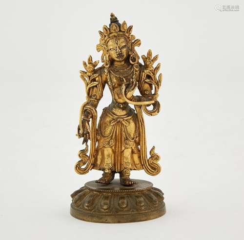 A Chinese Gilt Bronze Figure of Standing Tara Height 4 1/2 &...