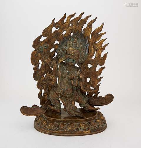 A Large Tibetan Parcel-Gilt Bronze Figure of Mahakala Height...