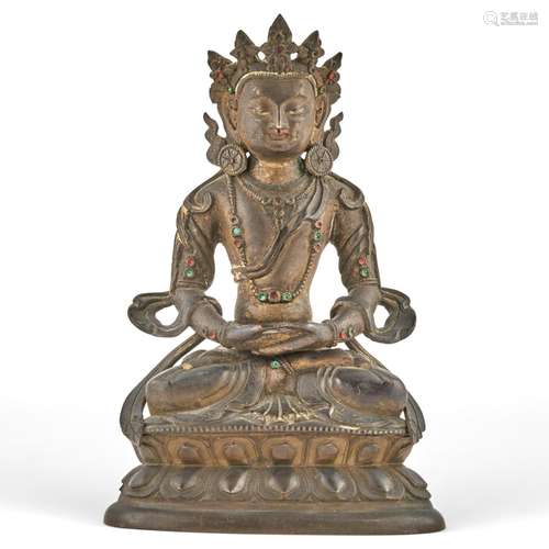 A Tibetan Parcel-Gilt Bronze Figure of Amitayus Height 6 1/2...