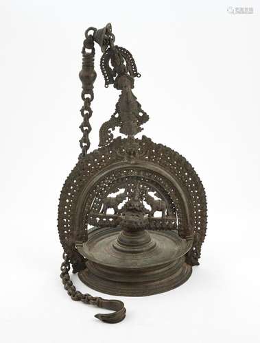 An Indian Hanging Bronze Lamp with Gajalakshmi Width 11 1/2 ...