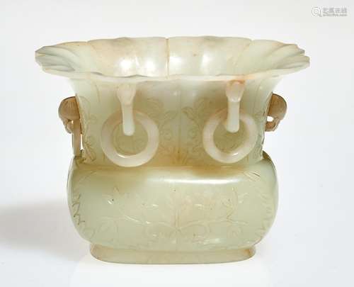 A Mughal White Jade Vase Width 3 3/4 "