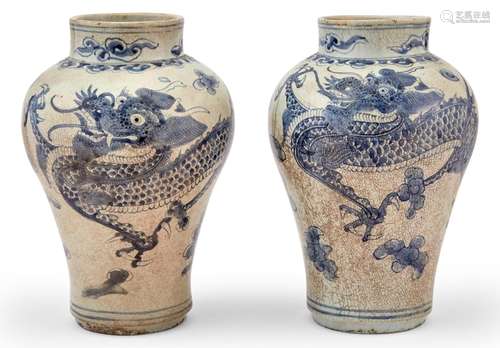 A Matched Pair of Korean Blue and White Porcelain Dragon Jar...