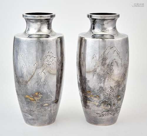 A Pair of Japanese Silver Vases Height 9 1/2 "