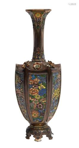 A Japanese Enameled Silver Vase Height 9 1/2 "