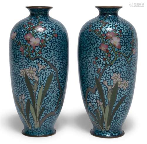 A Pair of Japanese Cloisonne Enamel Vases Height 7 1/4 "...