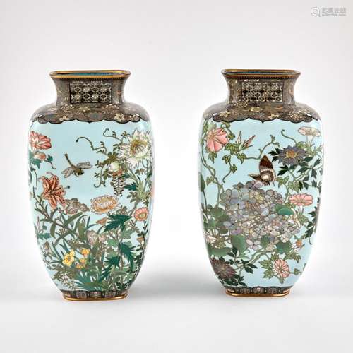 A Pair of Japanese Cloisonne Enamel Vases Height 10 1/2 &quo...