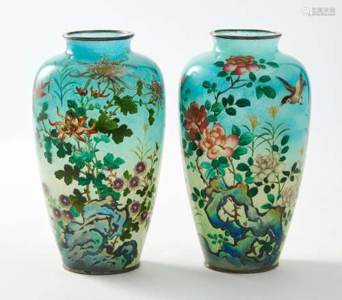A Rare Matched Pair of Japanese Plique a Jour Vases Height 6...