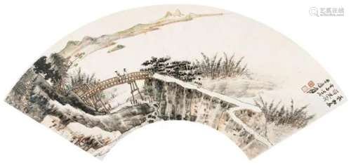 张大千 丁亥（1947年）作 溪桥相晤 扇面 纸本