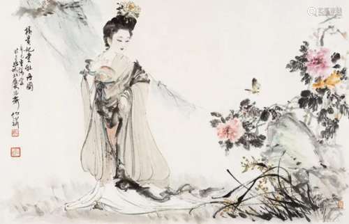 白伯骅 辛巳（2001年）作 杨贵妃赏牡丹图 镜心 纸本