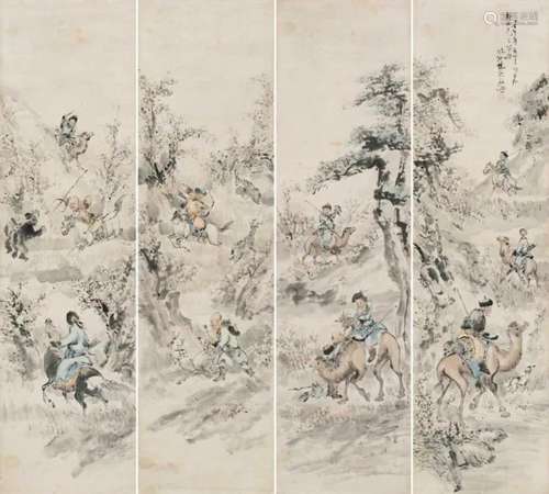 陈韶伯 壬午（1942年）作 狩猎图四屏 四条屏 纸本