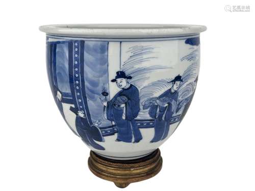 A blue&white jar, KangXi Pr. Wood stand included.