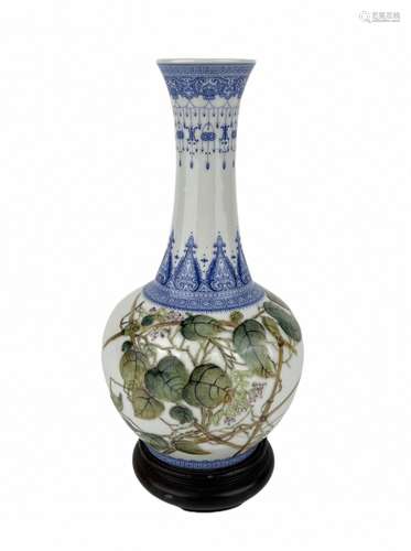 A long-neck hooded vase, signed, Qing Dynasty Pr.