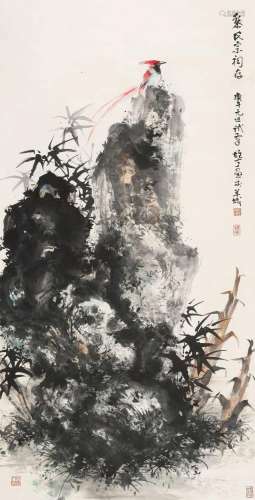 黎雄才 庚午(1990年)作 竹石绶带 立轴 纸本