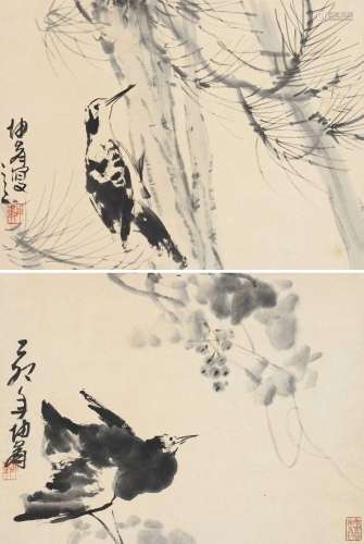 卢坤峰 乙卯(1975年)作 墨笔灵雀二帧 立轴 纸本
