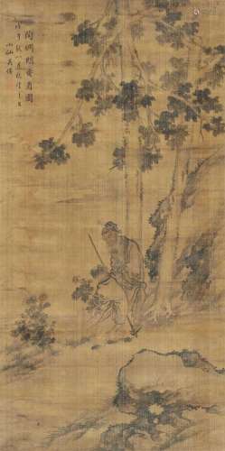 吴伟（款） 戊午(1498年) 陶渊明爱菊图 立轴 绢本