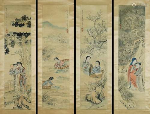 Hanging scroll of four scenes of beauties on silk