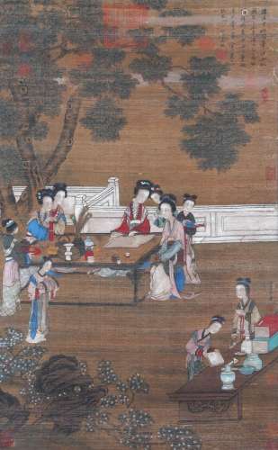 Hanging Scroll of Chen Juzhong's Old Silk Indus Ladies Figur...