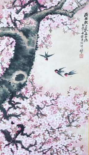 Vertical Scroll of Zhang Xinjia's Blossoming Cherry Blossoms